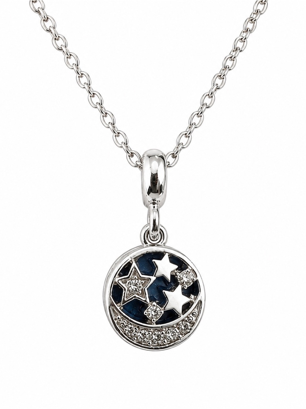 Vintage Night Sky Dangle Charm w/ Chain Stars Moon Silvertone Necklace